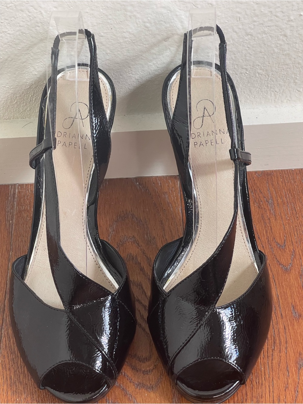 Adrianna Papell Black Patent Open Toe Slingbacks | Size 6.5